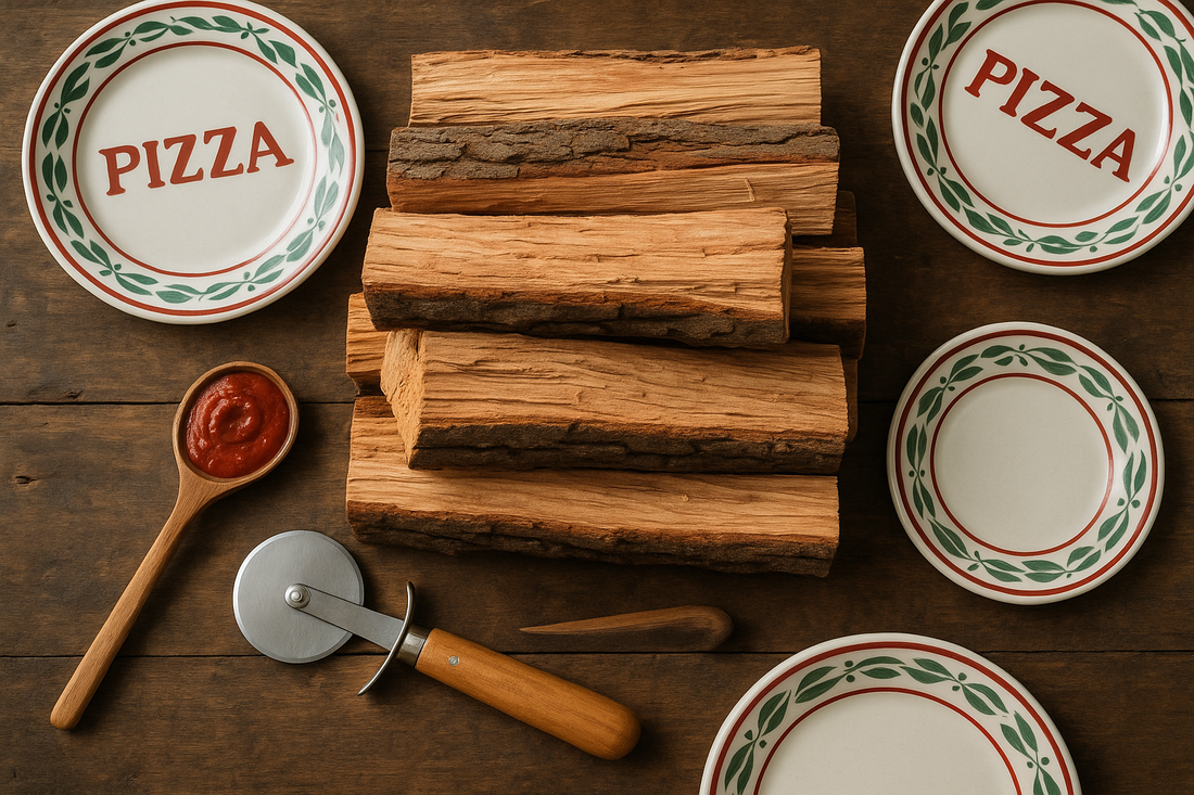 Red oak firewood logs arranged with Italian pizza plates, sauce spoon, and pizza cutter on rustic wooden table