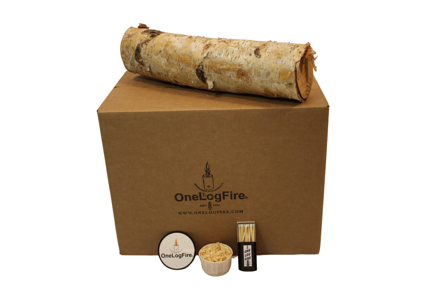 box of birch firewood with one firestarter one sticker and one box of matches