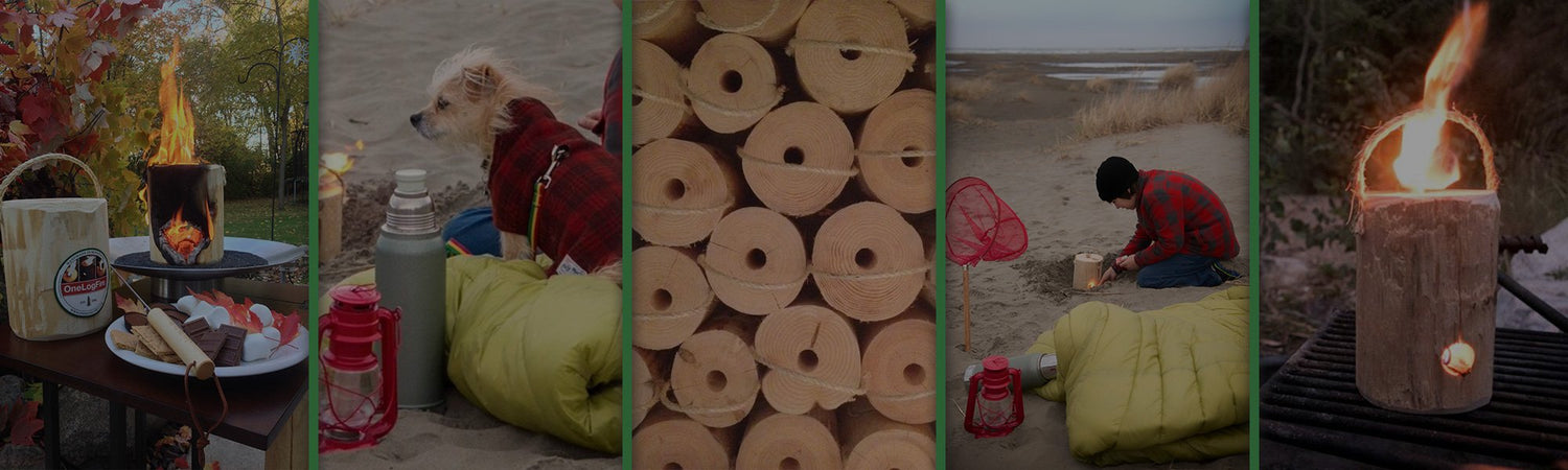 Swedish torch single log campfire, firewood delivery services, portable campfire totes, camping gear, and more.