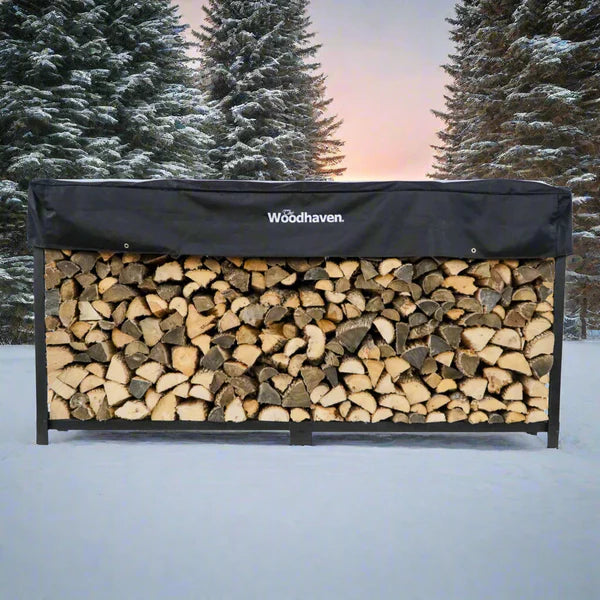 firewood rack with winter background