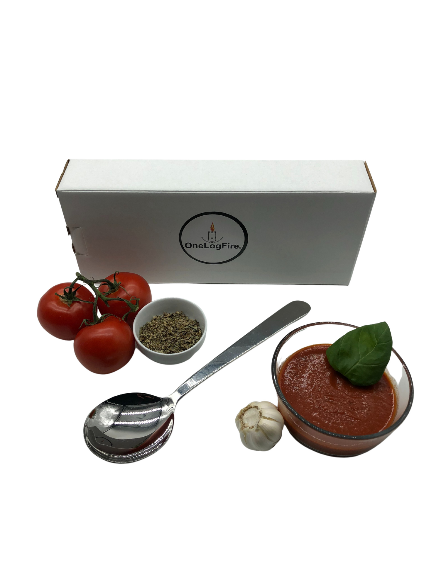 pizza sause spoon with white gift box and pizza ingredients