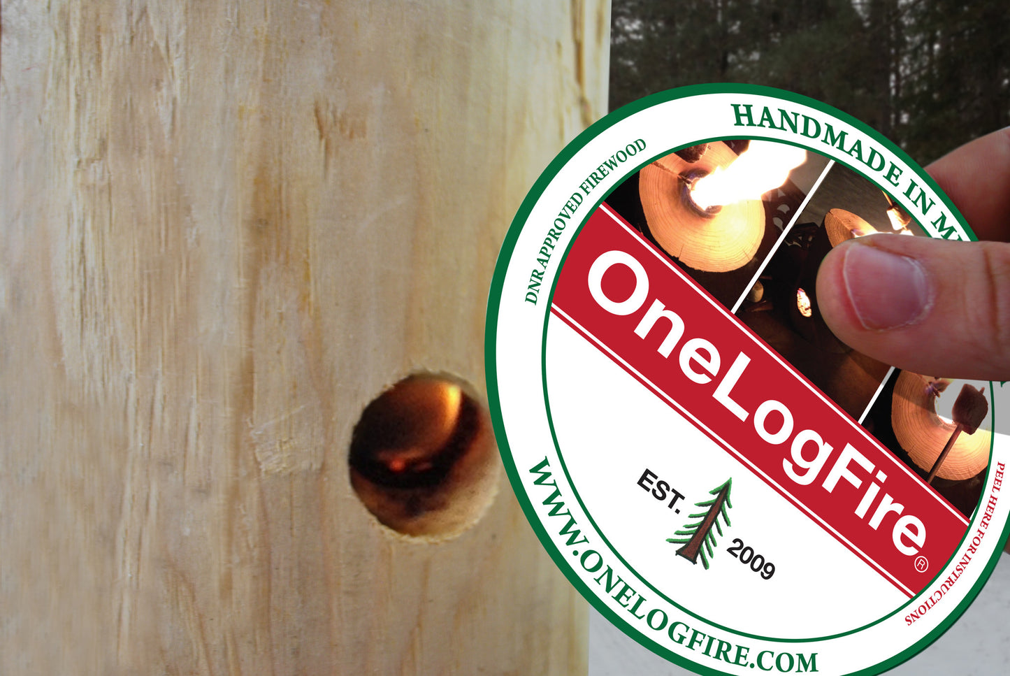 Person lighting OneLogFire campfire log in outdoor setting