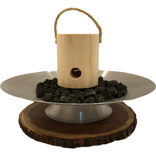 OneLogFire table top firepit with black lava rock and firelog