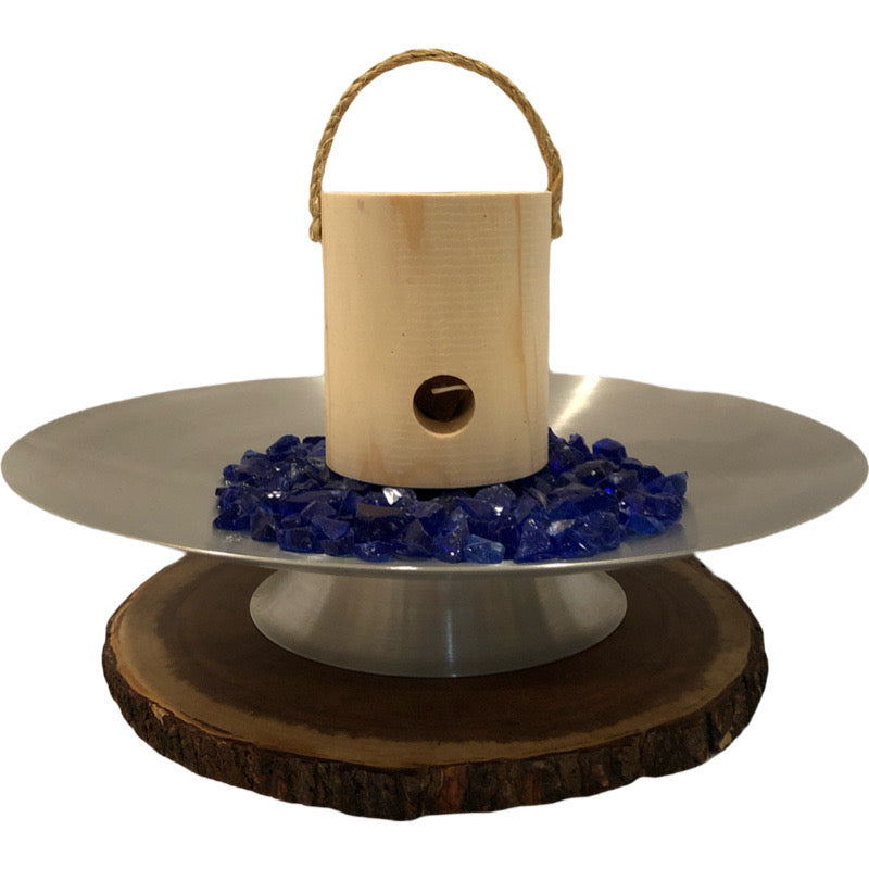 Table top firepit with blue glass rock and mini onelogfire
