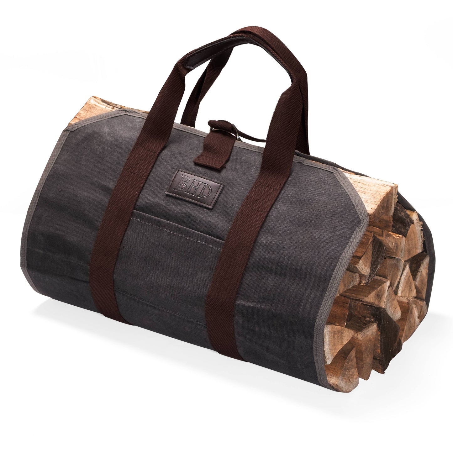 Brown Waxed Canvas Firewood Tote Bag with Reinforced Handles – Detail View