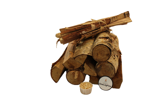 birch firewood with kindling and one firestarter and one Onelogfire sticker