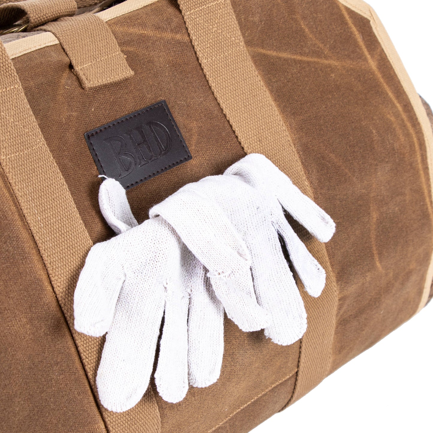 Heavy-Duty Brown Canvas Firewood Bag with Leather Handles – Lifestyle Shot