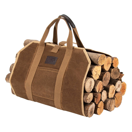Heavy-Duty Waxed Canvas Firewood Carrier Bag with Handles: Brown