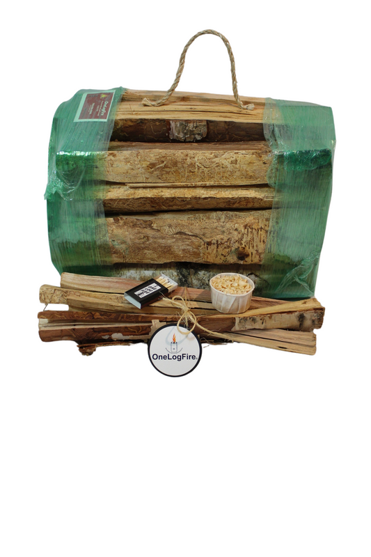 bundle of birch firewood with a firestarter and small box of matches
