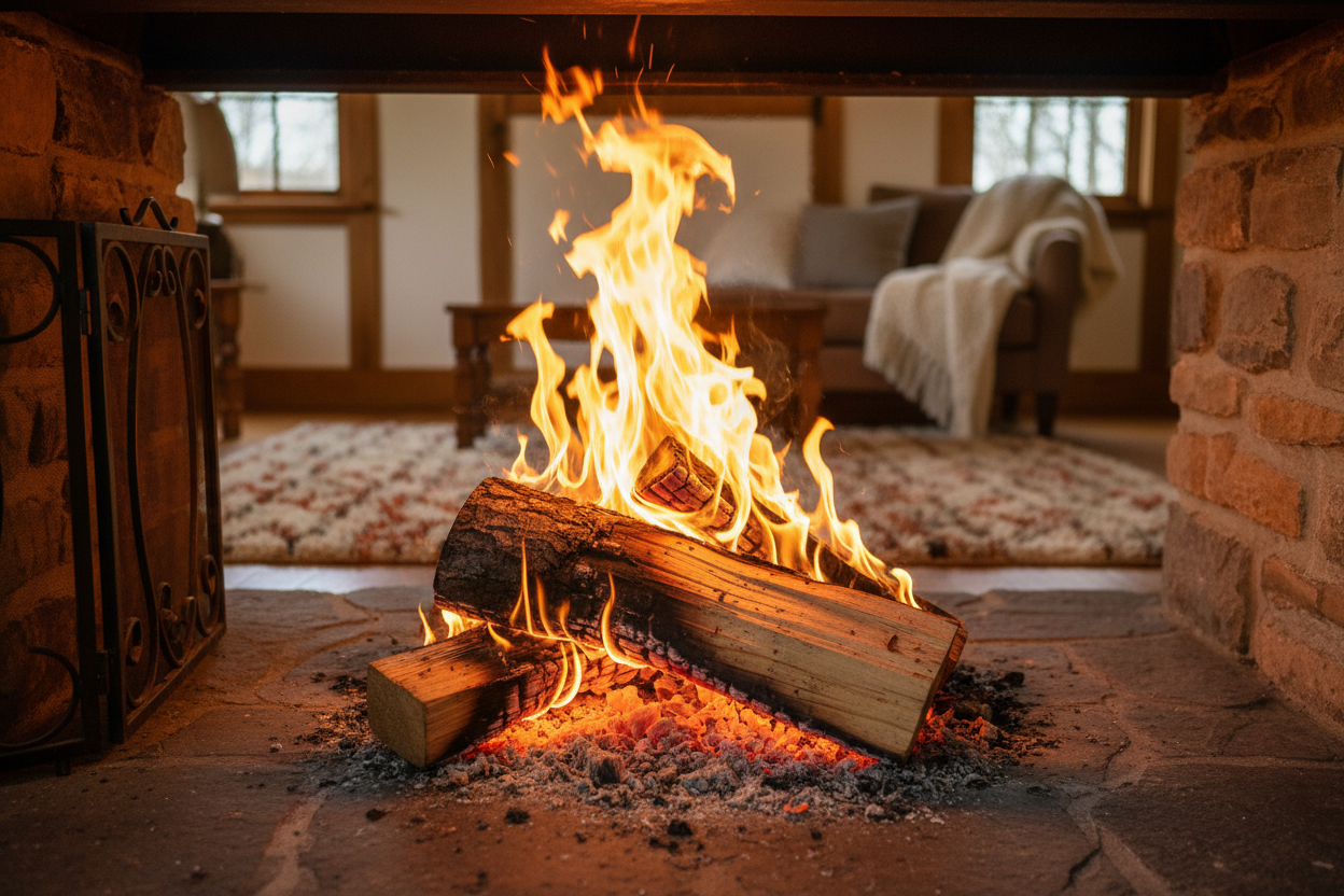Cherry Wood Burning in Fireplace