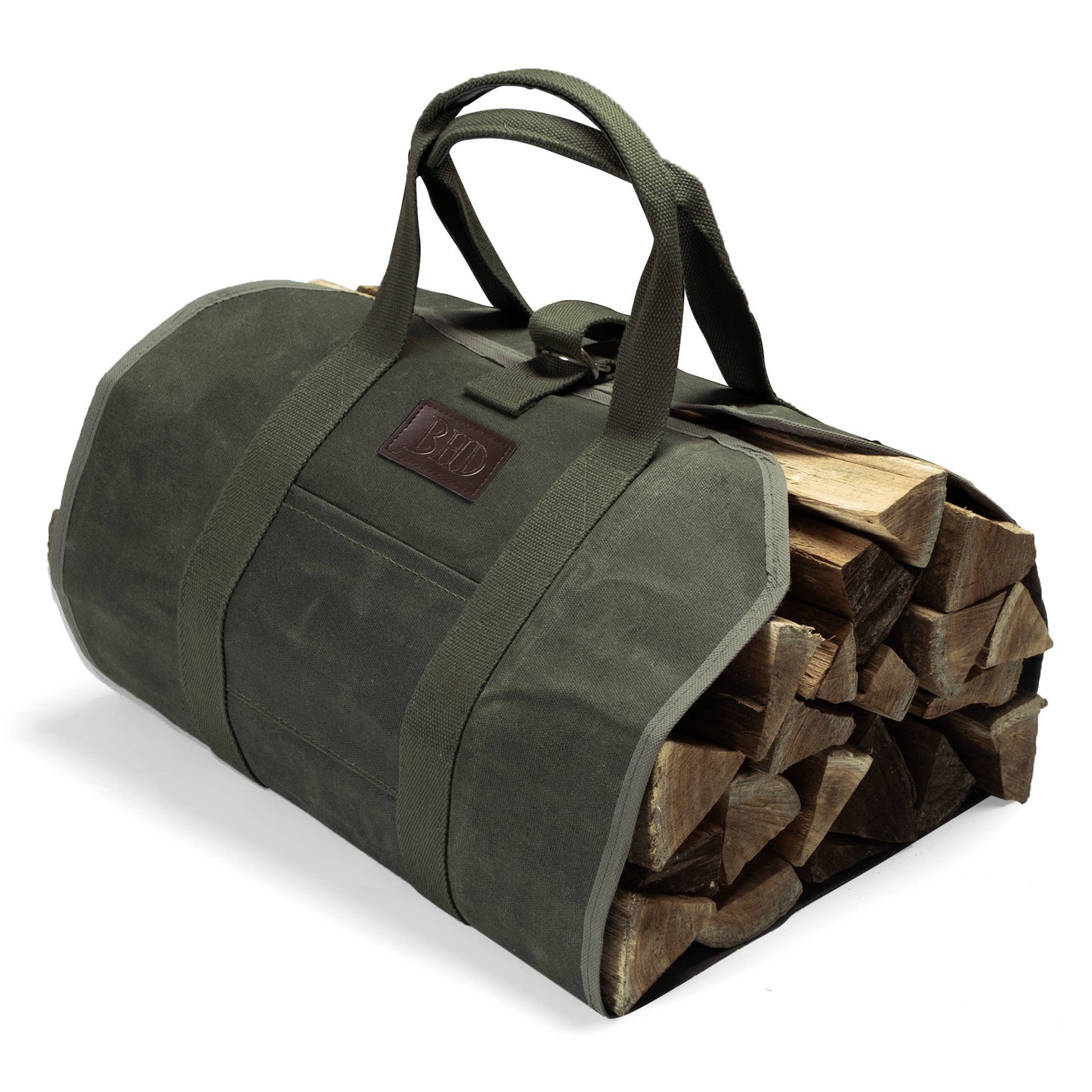Waxed Canvas Firewood Carrier Bag Loaded with Firewood Logs – Side View