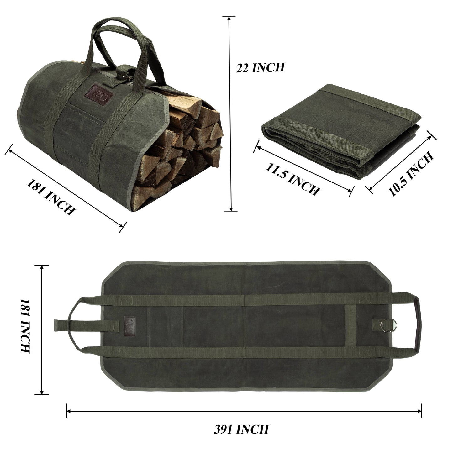 Heavy-Duty Firewood Carrier Bag Laid Flat Showing Canvas Texture and Stitching