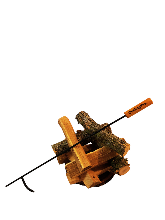 fire poker sitting on firewood