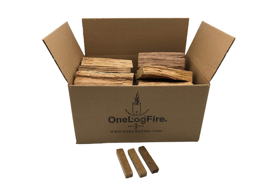 box of oak pizza oven wood with three firestarters