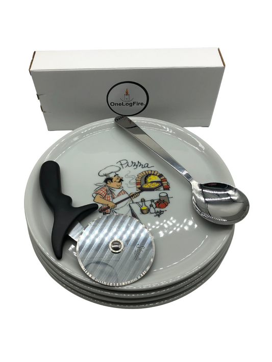 pizza plate set with pizza sause spoon and pizza cutter