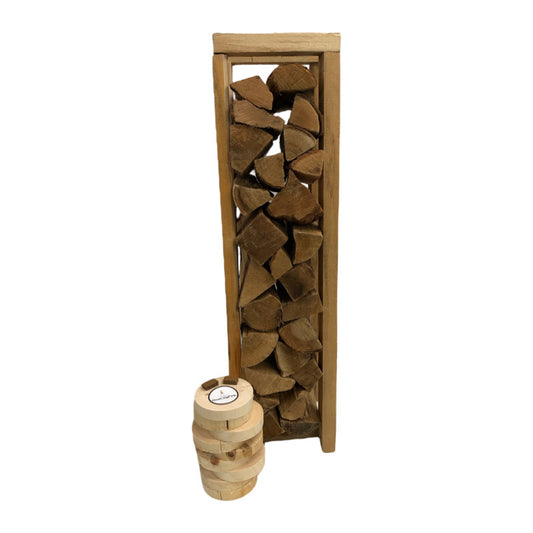 Firewood in display rack with kindling and two firestarters